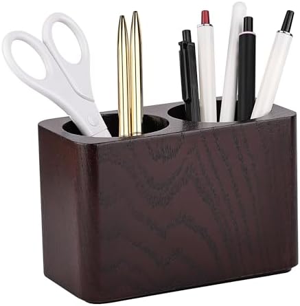Oak Solid Wood Pen &Pencil Holder for Desk, Office Stationery Organizer, Table Pencil Cup Stand,Desk Accessories Holder, Two Cups Practical Design. (Espresso) by CAMLOT