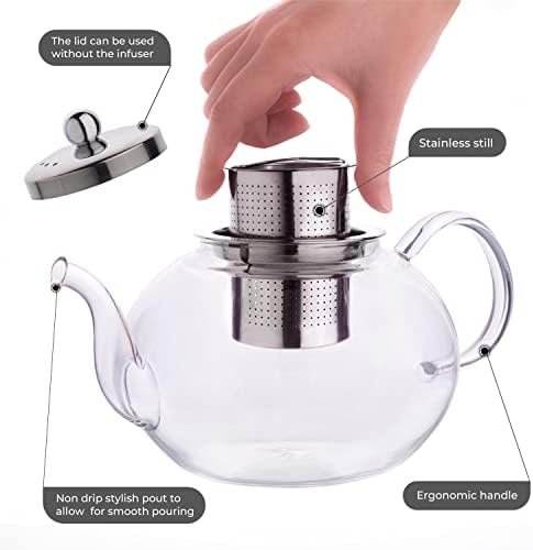 Aserson 1200 ml/40 oz Glass Teapot, Heat Resistant, Stainless Steel Infuser, Handmade, Leaf Tea Brewer, Borosilicate Glass, Stovetop Teapot and Microwave Safe - Image 3