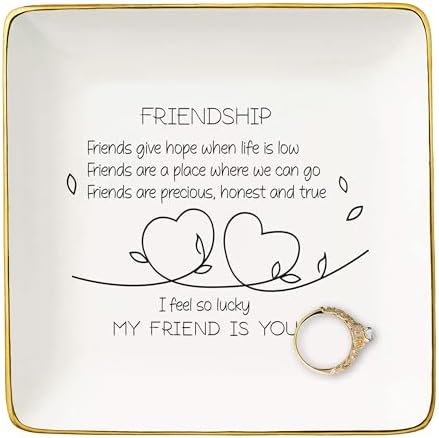 NZY Friendship Gifts for Woman,Best Friend,Bff,Sister-Ceramic Jewelry Tray,Thank You Thanksgiving Birthday Christmas Gifts-Appreciate Present-Trinket Holder Ring Dish-So Lucky My Friend is You by NZY