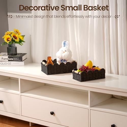 iEGrow Paper Rope Small Storage Baskets for Organizing, Set of 2 Scalloped Edge Wicker Basket with Wooden Handles Toilet Paper Basket for Over Toilet Storage Shelf, Home Decor, Living Room (Black) - Image 7