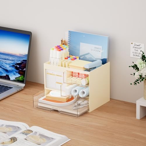 Marbrasse Desk Organizer with 3 Drawer, Multi-Functional Pencil Pen Holder for Desk, Desktop Organizer Storage for Office Home Art Supplies (Beige) - Image 4