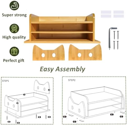 ZOOFOX Cute Cat-Shaped Bamboo Desk Organizer, 3-Tier Paper Letter Tray with 2 Vertical Mail Slots, Wooden Desktop File Holder and Sorter for Office Home - Image 3
