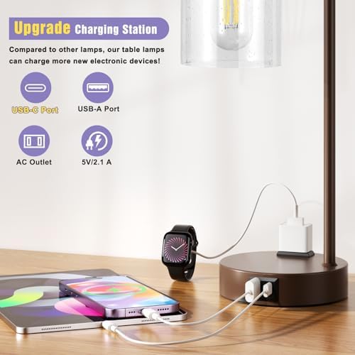 Innqoo Industrial Touch Table Lamps - 3-Way Dimmable Desk Lamps Set of 2 with USB C+A Ports and Outlet, Brown Bedside Lamps with Clear Glass Shade for Living & Bedrooms - Image 2