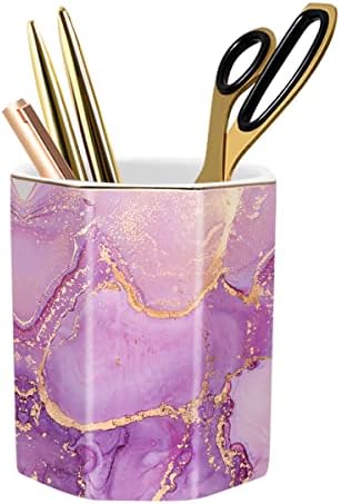 Large Capacity Colored Ceramic Marble Pencil Storage Marker Pen Holder Cute Stationery Holder For Office, Girl Women Adult, Purple Marble by WAVEYU
