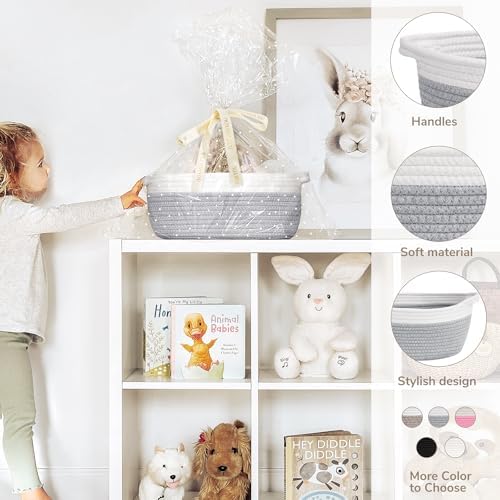 CHICVITA Small Rope Gift Basket Empty with Bags & Ribbon to Fill, Grey - Image 3