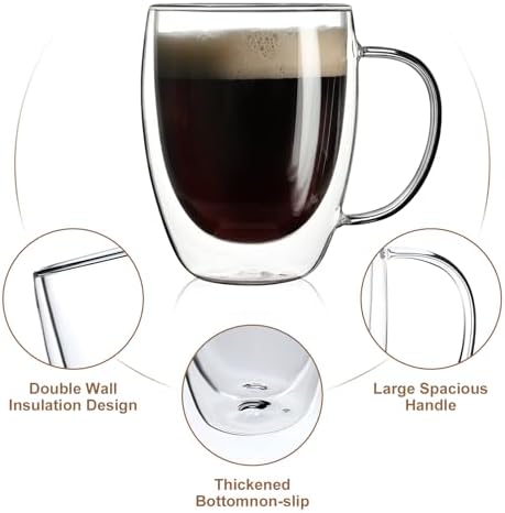 Aurzen 2 Pack Double Walled Glass Coffee Mugs with Handles, Large Insulated Layer Coffee Cups, 12oz Clear Borosilicate Mugs, Perfect for Cappuccino, Tea, Microwave Safe - Image 4