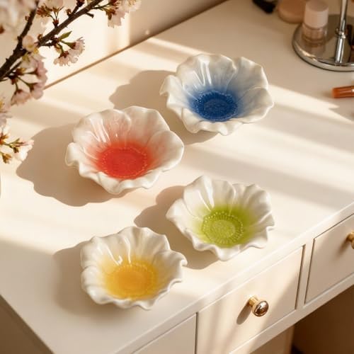 Ceramic Flower Ring Holder Dish with Gradient Center 4.5 Inch White Porcelain Jewelry Tray, Modern Minimalist Trinket Holder for Vanity, Dresser, Bedroom, Gift for Her (green) - Image 6