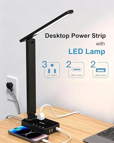 LED Desk Lamp, 10Ft Power Strip with 3 Outlets 4 USB Ports(2 USB C), Black - Image 3