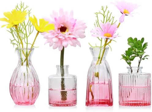 Glass Bud Vases Set of 4, Small Pink Flower Vases for Wedding Centerpieces by Mapoxy