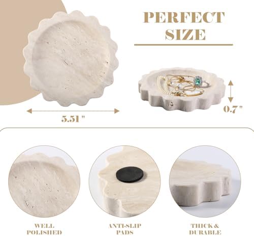 Koville 5.51" Travertine Tray, Natural Stone Trinket Dish for Ring Perfume, Round Scalloped Decorative Tray for Bathroom Vanity Dresser Countertop, Home Table Decor - Image 2