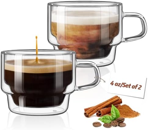 glastal Stackable Glass Cups 4 oz Double Walled Espresso Cups Set of 2 by glastal