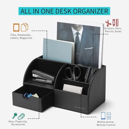 VLANDO Office Desk Organizer Leather Desktop Organizer Caddy with Drawer for Storing Desktop Supplies and Accessories (Black Set) - Image 2