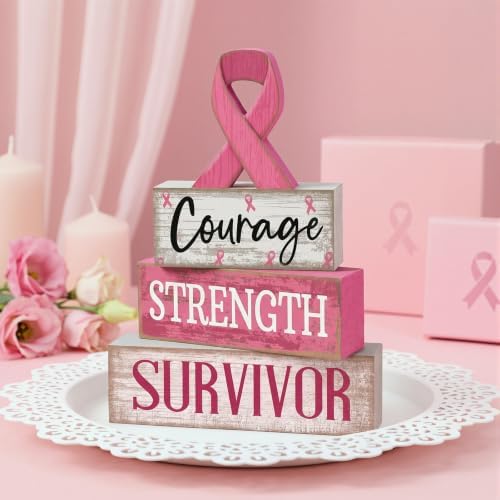 Moucuny 4 Pcs Breast Cancer Awareness Table Decoration Wooden Pink Ribbon - Image 2
