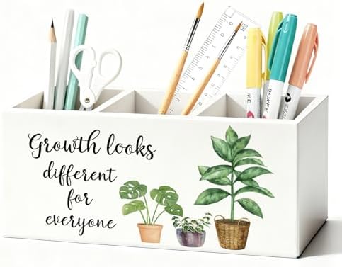 Mental Health Inspirational Pen Holder, Motivational Pencil Holder, Growth Looks Different for Everyone Wooden Box Sign Decorations for Therapy Counselor Office Classroom Desk Tabletop by Unknown