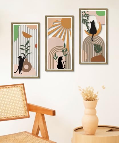 Putuo Decor Boho Wall Decor Set of 3, Abstract Boho Cat Wall Art, Mid Century Modern Black Wall Decr for Cat Lovers Home Bedroom Living Room Office - Image 4
