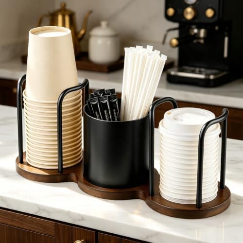 Coffee Cup Dispenser with Straw & Stirrer Storage Container (Black,S) by Keweis