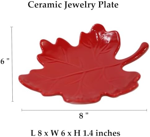 Ceramic Jewelry Dish for Women Girls, Jewelry Ring Tray Trinket Dish, Leaf Shape Ceramic Plate, Keys Bowls Tray Holder for Mother's Day/Christmas/Thanksgiving/Birthday Gift-Red A - Image 4