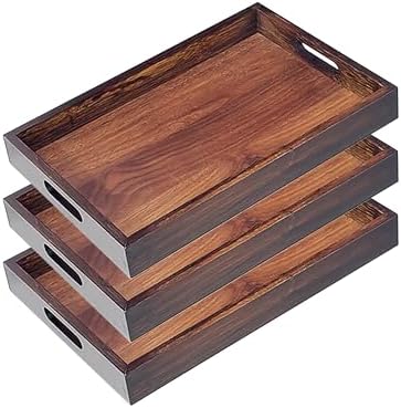 3 Pack Serving Tray with Handles, 13" x 8.7" Bamboo Tray by VSUINGO-StriveforPerfection
