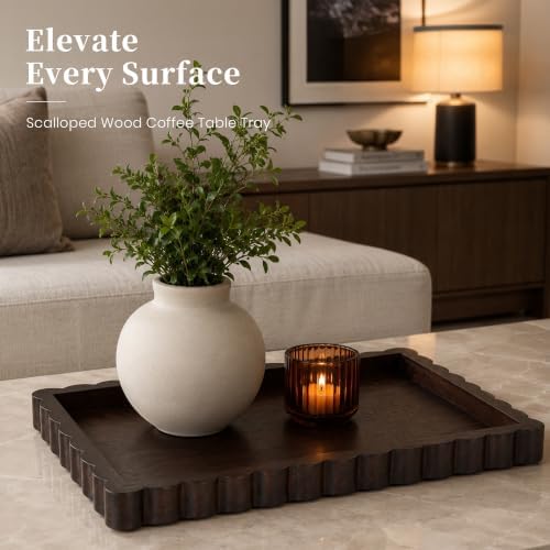 Hanobe Brown Decorative Coffee Table Tray with Scalloped Edge, 14" - Image 2