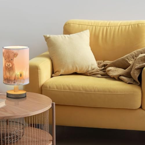 Cute Watercolor Highland Cow Sunflower Bedside Table Lamps with USB Port for Bedroom LampSmall Nightstand Lamp Sturdy Linen Shade Wooden Base Decorative Lamps for Nursery Kids Reading Dorm Home - Image 2