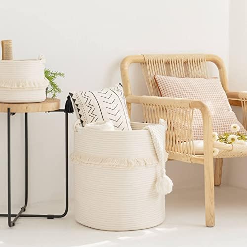 CherryNow 60L Woven Rope Baby Basket with Tassel, 17" x 16", Off-white - Image 2