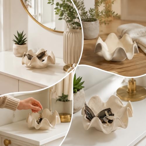 Off White Matte Scalloped Ceramic Decorative Bowl 7.8x2.9In Key Dish Bowl For Entryway Table Sand Candle Display Bowl Coffee Table Shelf Home Decor Trinket Candy Storage Gift - Image 3