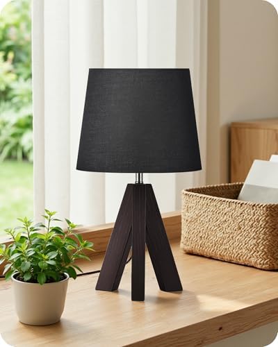 Small Table Lamp for Bedroom, 14.6" Bedside Lamp with Black Linen Shade & Walnut Wood Tripod Base, Modern Nightstand Lamp, Blak Lamp for Living Room, Nursery, Entryway, E26 Socket, VB51TL05 by GOEBLESON