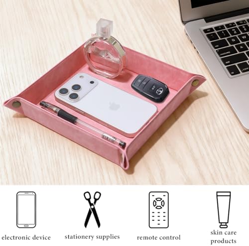 Valet Tray Desktop Storage Organizer – Premium PU Leather Catchall Bedside Vanity Tray Nightstand Caddy Holder for Remote Controller, Keys, Phone, Wallet, Coin, Jewelry,Pink - Image 5