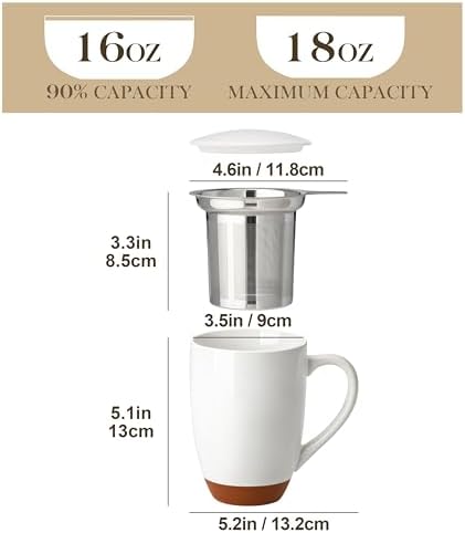 MALACASA Ceramic 18 oz Tea Mug with Lid and Infuser, Khaki White - Image 2