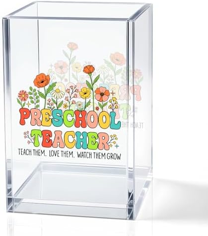 Preschool Teacher Acrylic Cosmetic Pencil Holder Cup, Teacher Appreciation Gifts for Women, Office Desk Accessories for Teacher, Teach Them Love Them Pen Organizer, Preschool Teacher Gifts by QYUVK