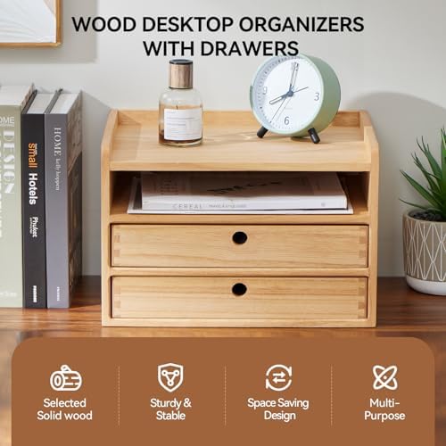 KIRIGEN Wooden Desk Organizer with 2 Drawers and Top Tray, Natural 3D2C-NA - Image 6