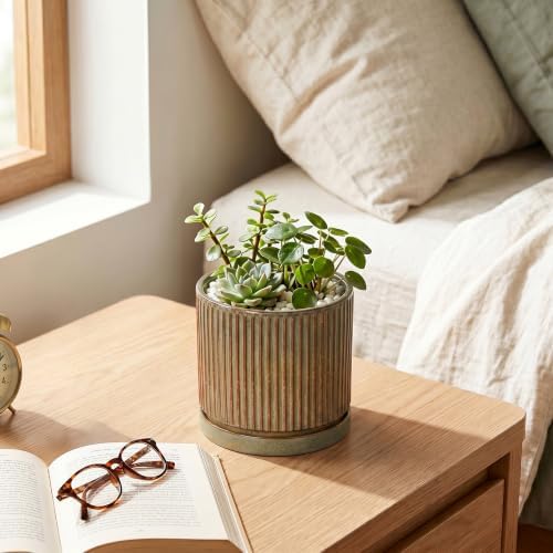 4 Inch Pots for Plants, Ceramic Plant Pots with Saucer, Retro Brown - Image 6