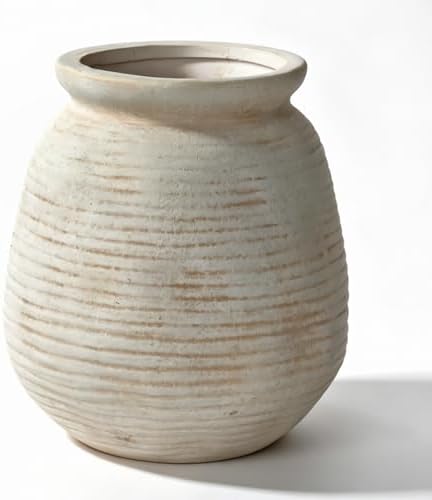 Rustic Terracotta Pot, 7 Inch Short Farmhouse Vase with Weathered Texture Off-White, Boho Home Decor for Pampas Grass, Tabletop, Mantel and Shelf Styling by Zipper