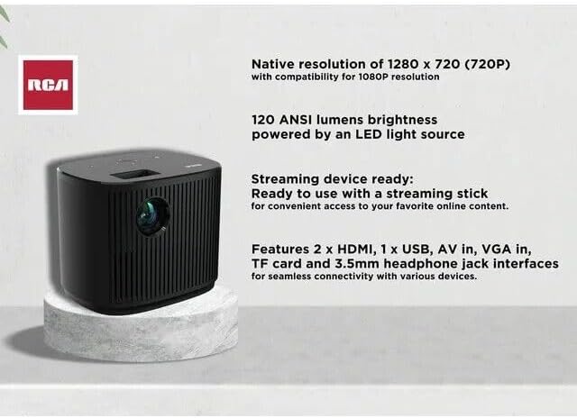 RCA 720P Home Theater Projector, 1280 x 720 (720P), 4" LCD technology, 120 ANSI lumens, 32" to 140" (diagonal), 2 x HDMI - RPJ181-BLACK