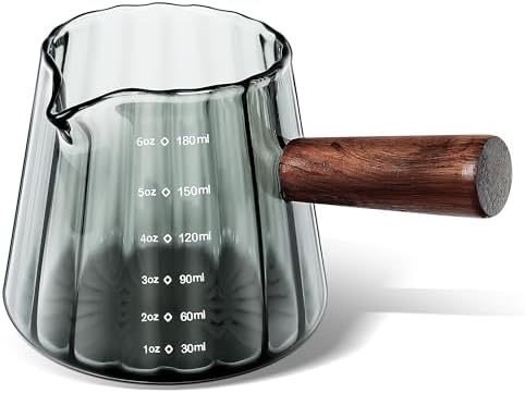 Joeyan 6 oz Grey Glass Measuring Cups with Spout,Borosilicate Glass Triple Pitcher with Scale,Origami Style Espresso Shot Glasses with Wood Handle for Coffee Milk,Dishwasher Safe by JoeyanHousehold