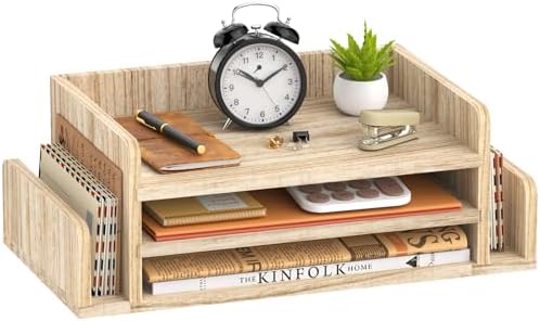 Wooden Desk Organizer, 3-Tier Paper Trays with 2 Mail Sorters, Natural Wood by SUPEASY