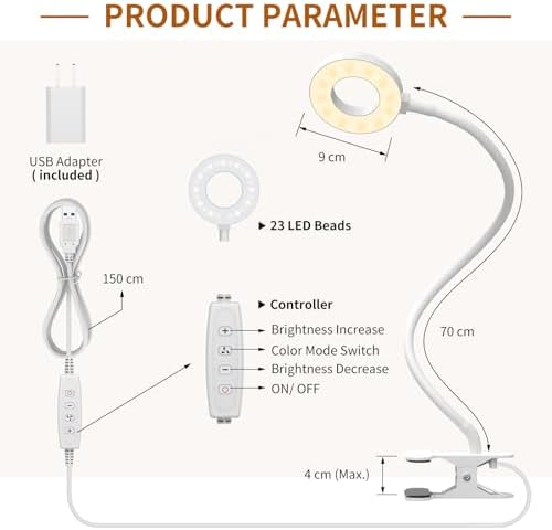 iZELL Book Light, Clip on Reading Light with Silicone Flexible Arm, Dimmable LED Lamparas Clamp on Workbench Desk for Studying Painting Crafting Drawing Makeup Nail Tech Puzzle Task - 27.6‘’ White - Image 6