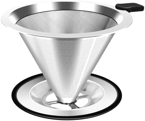 Pour Over Coffee Dripper, Stainless Steel Coffee Filter, Paperless Reusable Coffee Filter, Double Micromesh 600 Mesh Strainer Coffee Maker with Heat-Resistant Silicone Handle & Base (1-2 Cups) by Unknown
