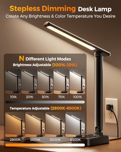 Airlonv LED Desk Lamp for Office Home, Power Strip with 3 Outlets 4 USB Charging Ports(2 USBC), 4 Modes 5 Level Brightness Desk Light, Small Desk Lamp for College Dorm Room Essentials - Image 3