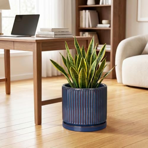 Ceramic Planter, 10 Inch Plant Pots with Saucer, Retro Blue - Image 3