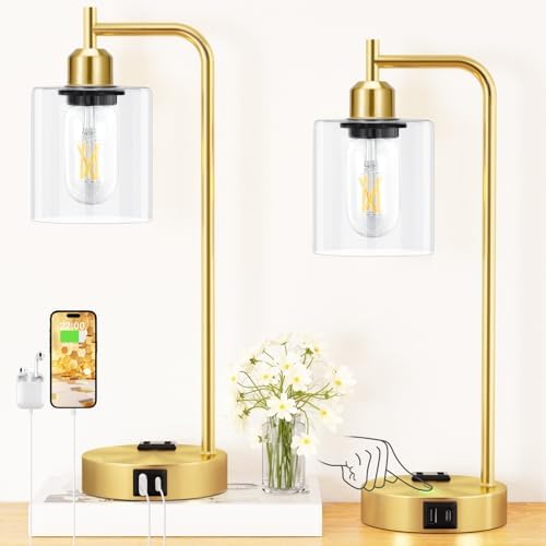 Innqoo Industrial Gold Table Lamp for Bedrooms Set of 2-3-Way Dimmable Desk Lamp with USB C+A Ports and Outlet, Gold Lamps with Clear Glass Shade for Living Room, Desk Lamps for Home Office by Innqoo