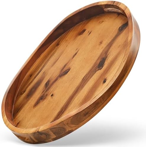 TIDITA Acacia Oval Wooden Serving Tray with Handle, 20"x15" Ottoman Tray by TIDITA