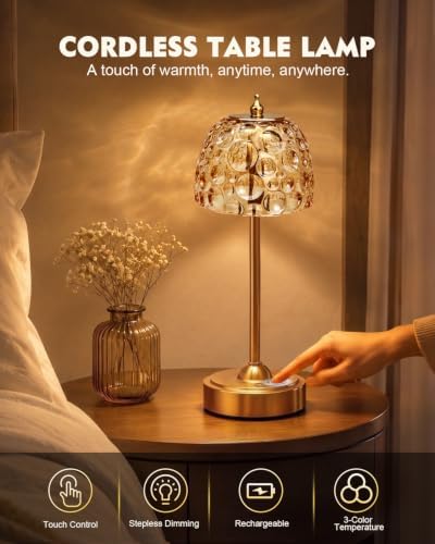 Nusogon Cordless Glass Table Lamp, 5200mAh Small Rechargeable Touch Lamp - Image 2