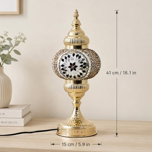 GOGERS Turkish Mosaic Table Lamp, Amber Glass Bedside Lamp with Gold Metal Base, E12 LED Bulb Included, Warm Ambient Decorative Lamp for Bedroom, Living Room, Nightstand, Home Decor Gift (Brown) - Image 2