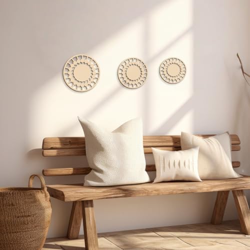 Boho Wooden Wall Decor Set of 3, Geometric Wood Wall Art for Living Room Bedroom Bathroom, Neutral Farmhouse Wall Decor, Modern Minimalist Round Wall Hanging, Ready to Hang - Image 7