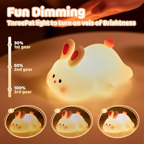 Rytinazzz Silicone Night Light for Kids, 50H Long Battery Big Face Rabbit Lamp, Gift for Kids, Soft Dimmable Bedside Light, Rechargeable Tap Control - Image 2