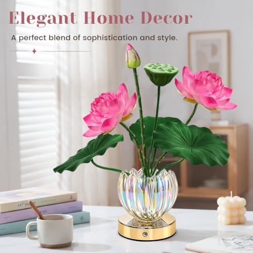 Flower Table Lamp, 3 Color Lotus Night Light, Rechargeable Cordless Touch Dimming Artificial Flower Light, LED Flower with Glass Vase Lamp for Girls Women Mom (Pink Lotus) - Image 4