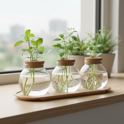 Plant Propagation Station, Glass Propagation Vases with Lid and Wooden Stand, Prop Drops Terrarium Jar for Hydroponics Home Garden Office Decor, 3 Bulb Vase - Image 3