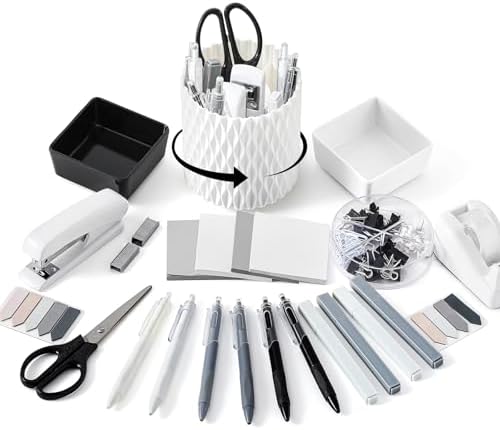 Kosiz 27 Pcs Black and White Desk Accessories Gift for Aesthetic Desk Organizer White Office Supplies Pen Holder Sticky Notes Stapler Binder/paper Clips Scissor Staple for Back to School(Classics) by Kosiz