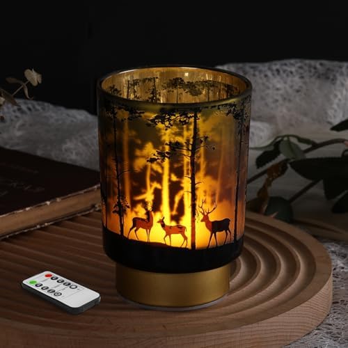 Eywamage Small Battery Operated Table Lamp with Remote, Forest Deer Cordless Glass Lamp for Bedroom Living Room Kitchen Entryway by EywamageCandles